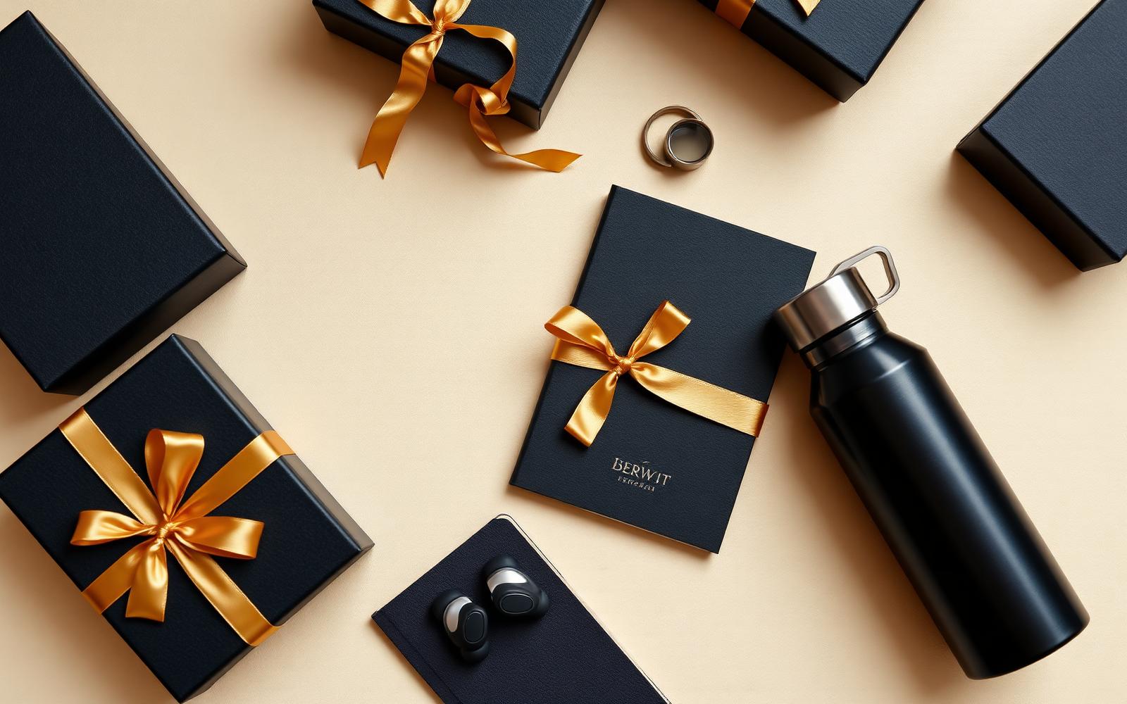 Premium corporate gift boxes, branded notebook, bottle and earbuds arranged on a warm surface